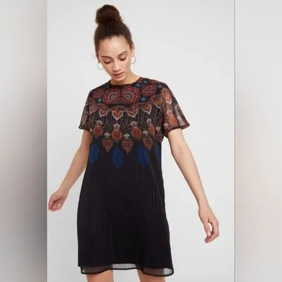 Desigual Mexican ShortSleeve black printed spark Dress size 4